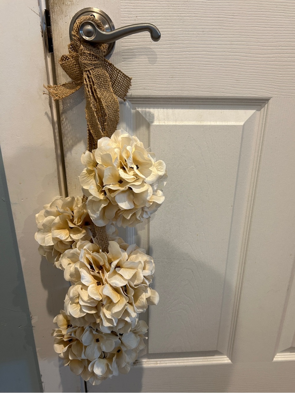 Cream Hydrangea Floral Swag Burlap Bow Farmhouse Cottage Decor